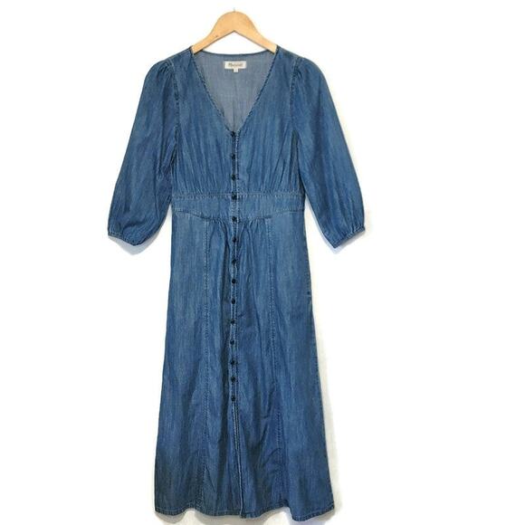 Madewell Denim Pieced Waist Midi Dress Mariden Wash Chambray Blue A Line Size 2 - Picture 16 of 16